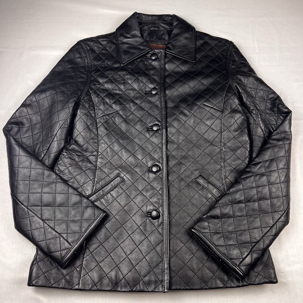 Siena Jacket Leather Diamond Quilted Button Up Black Size 4